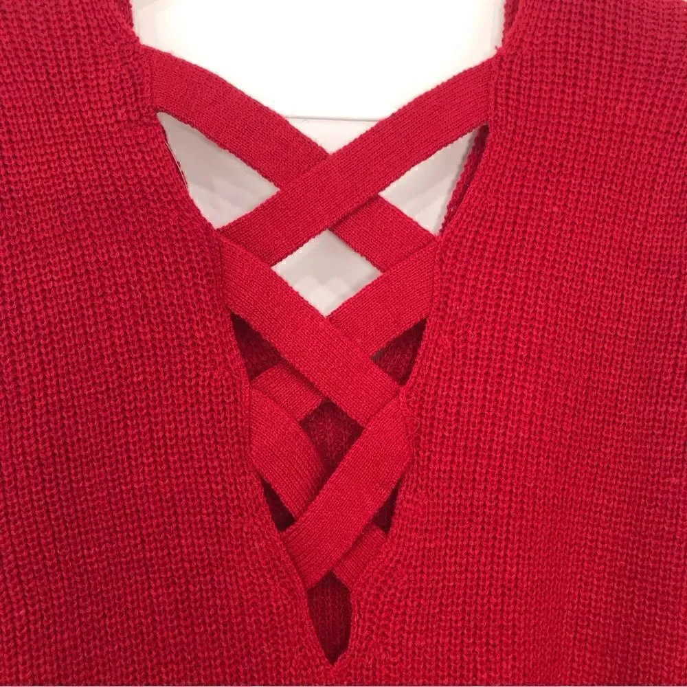 Ambiance Apparel Red Criss Cross Back Tunic Sweater NEW